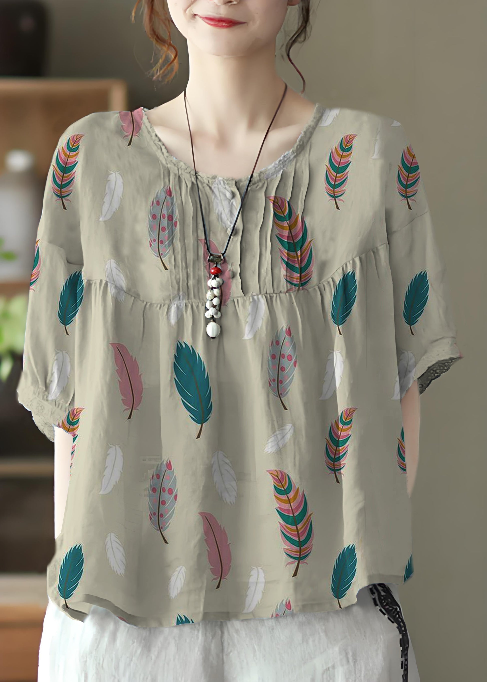 Women's Linen Blouse Three Quarter Sleeves Grey - OutfitLondon