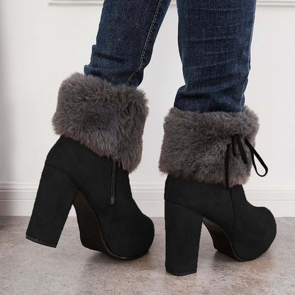 Furry Lined Ankle Snow Boots Platform Chunky High Heel Booties