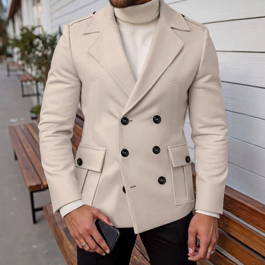 Men's Stylish Wool Blend Double-Breasted Overcoat
