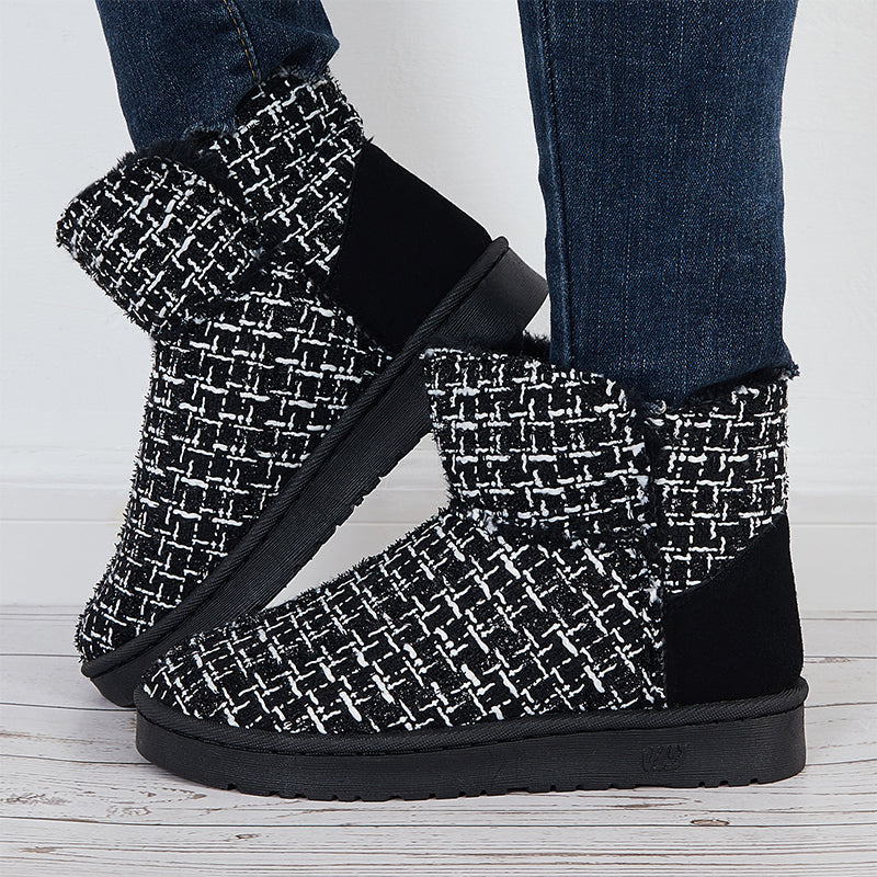 Plaid Design Slip On Ankle Boots Winter Thermal Snow Short Booties