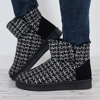Plaid Design Slip On Ankle Boots Winter Thermal Snow Short Booties