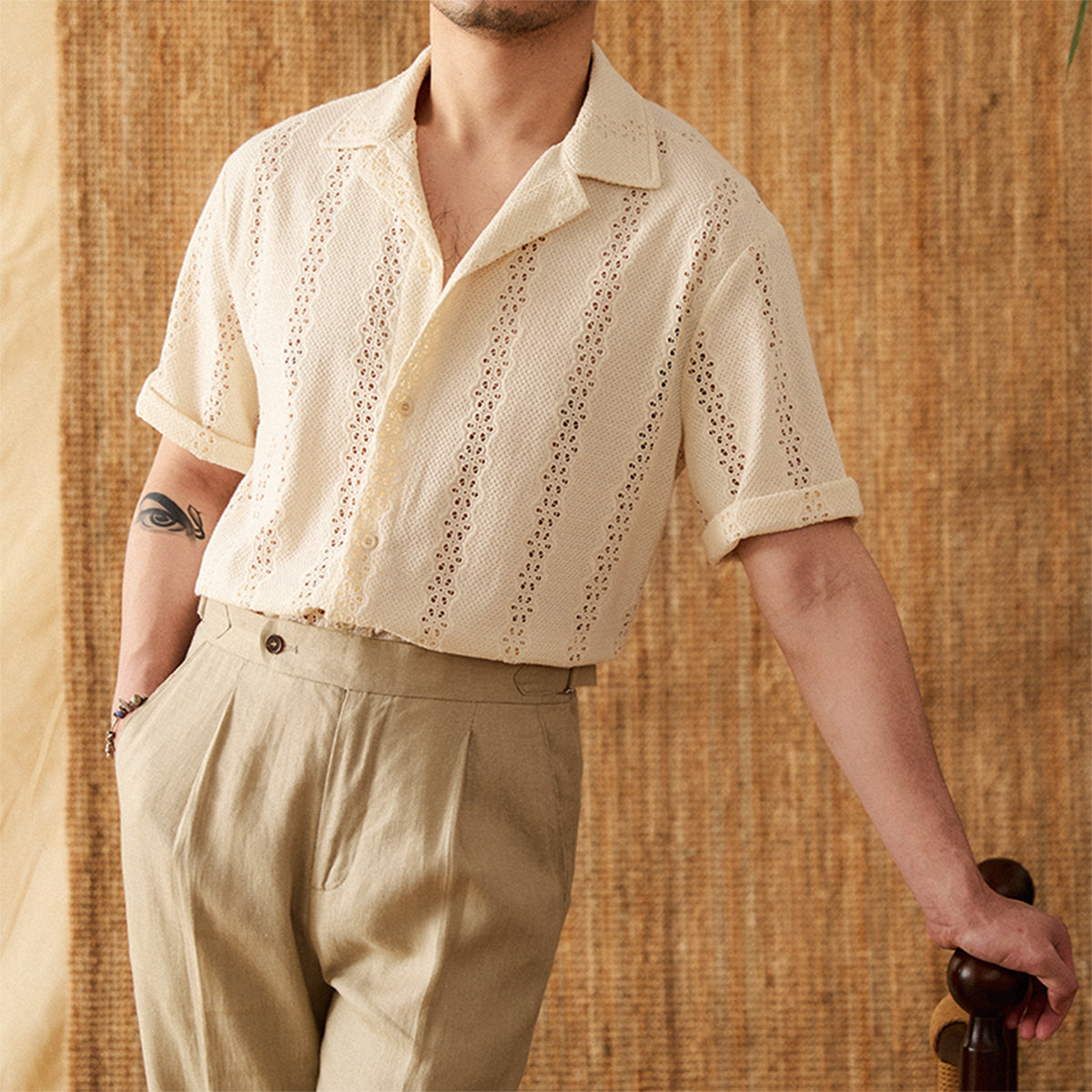 Men's Casual Cotton Short Sleeve Cuban Collar Shirt Beige