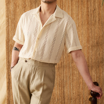 Men's Casual Cotton Short Sleeve Cuban Collar Shirt Beige