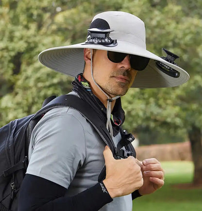 Men's Solar Fan Hat with 15cm Brim | Dual USB-Charged Ventilation & UV Protection for Hiking/Fishing