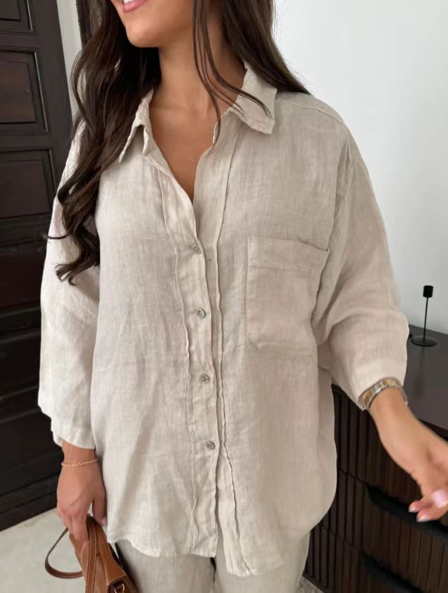 Women's Casual Cotton Wide Leg Pants and Long Sleeve Shirt Set