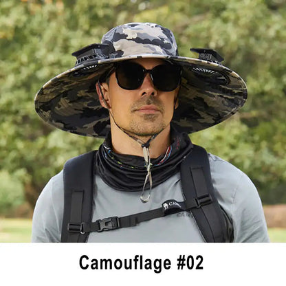 Men's Solar Fan Hat with 15cm Brim | Dual USB-Charged Ventilation & UV Protection for Hiking/Fishing