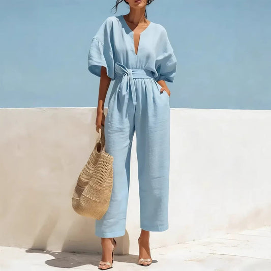 Women's Classic V-Neck Solid Color Jumpsuit