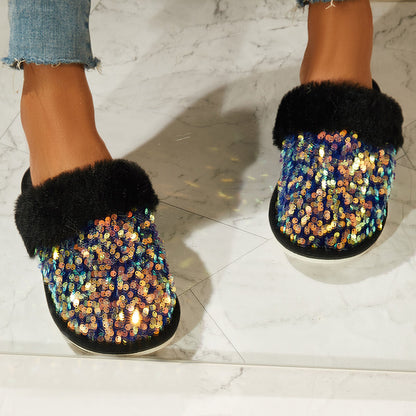 Shiny Warm Faux Fur Mule Slipper Furry Soft Slip on Shoes