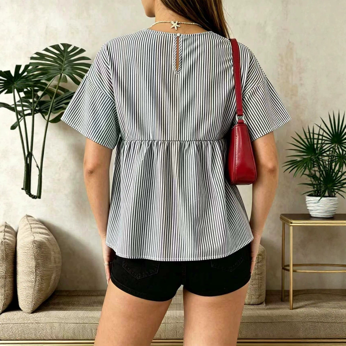 Women's Casual Cotton Striped Short Sleeve Crew Neck Top