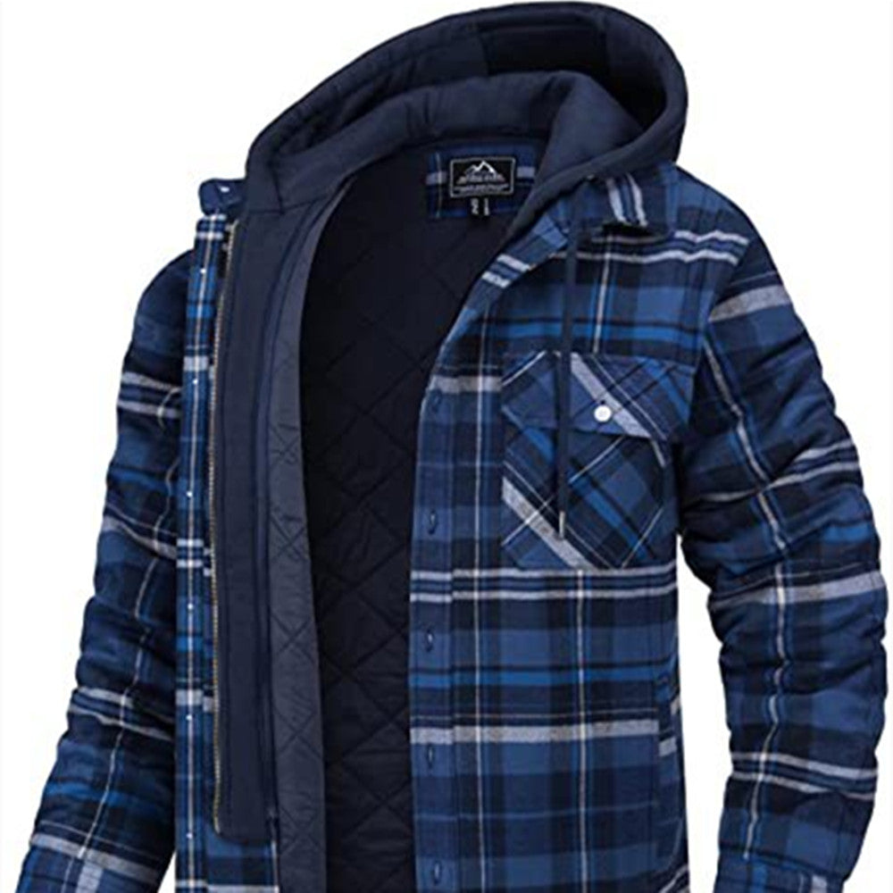 Men's Casual Padded Plaid Hooded Jacket