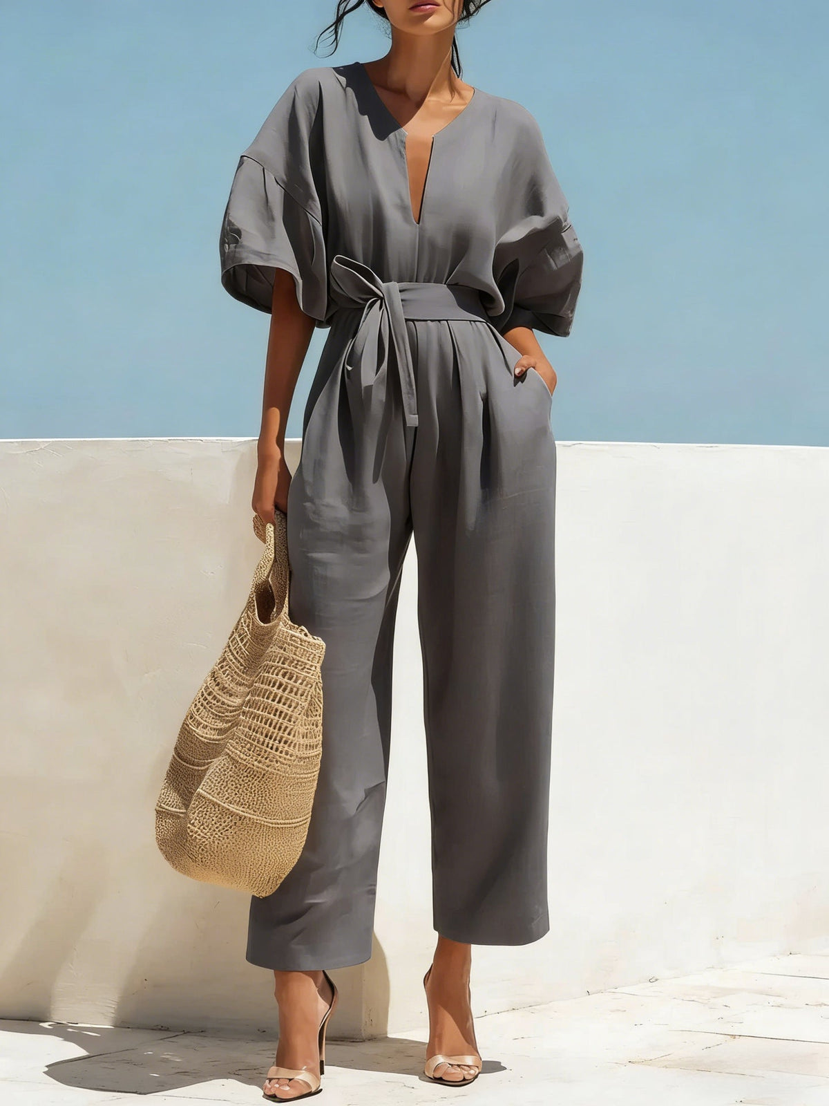 Women's Classic V-Neck Solid Color Jumpsuit