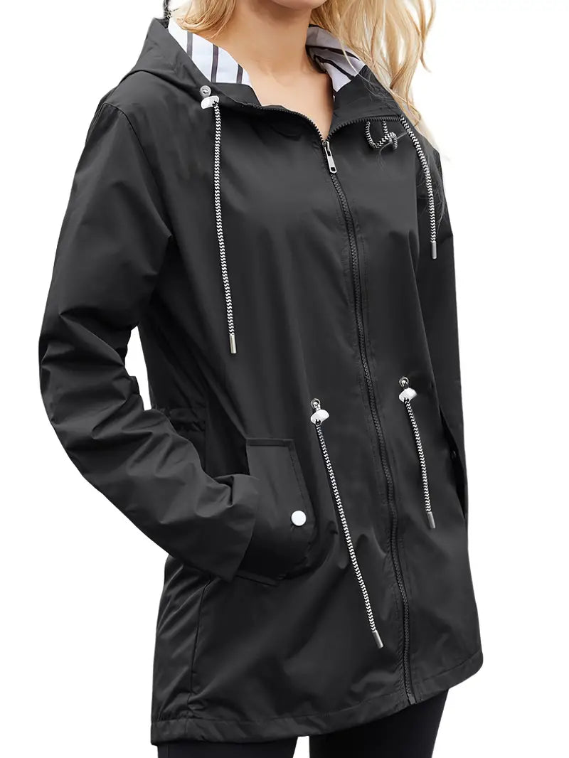 Rainproof Ladies Coat With Hood And Pockets - OutfitLondon