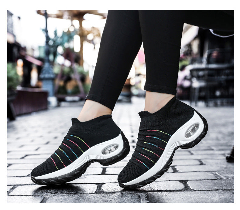 Woman's Striped Pattern Knit Sports Shoes
