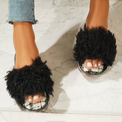 Open Toe Fluffy Bedroom Slippers Soft Footbed Shoes