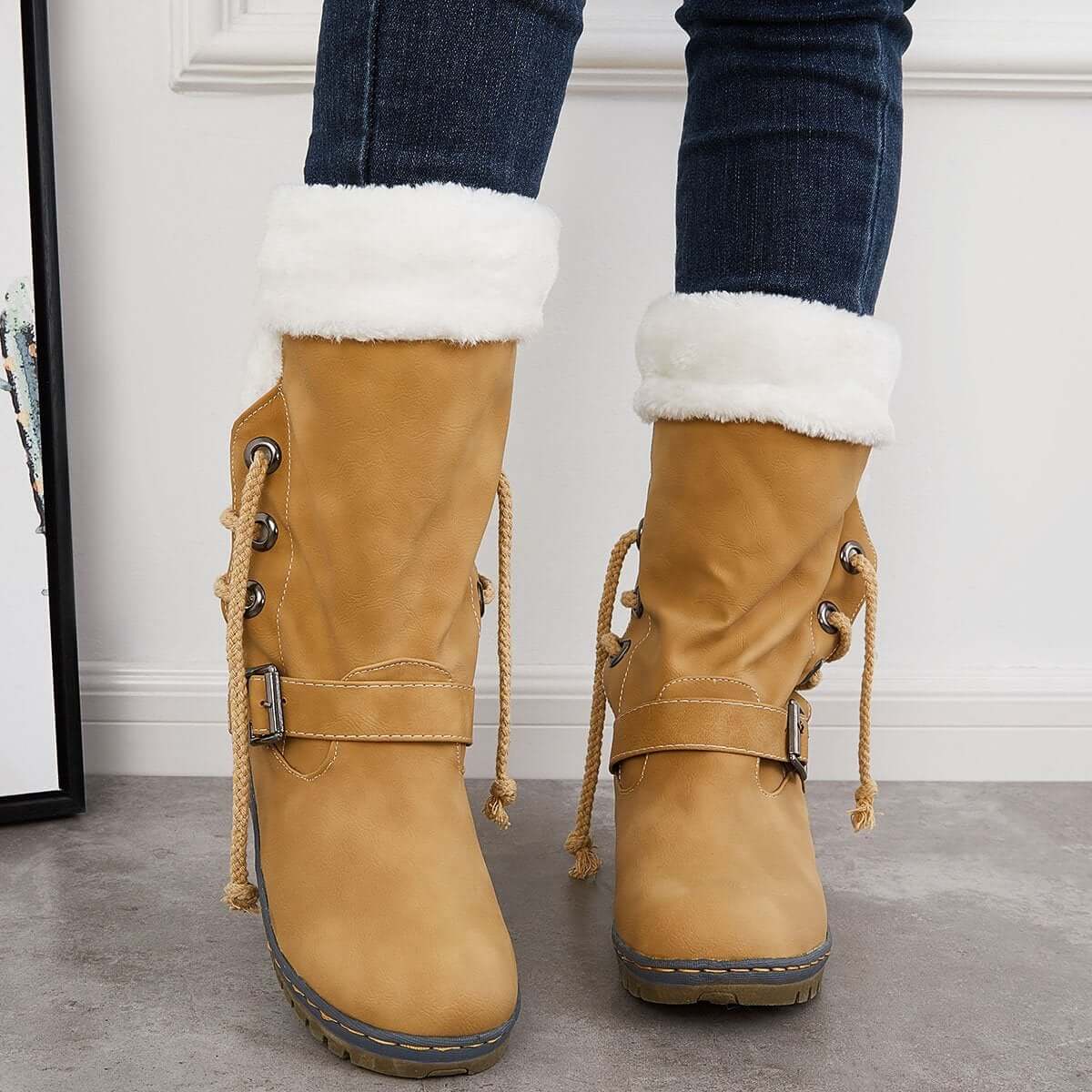 Mid Calf Winter Pull on Booties Mid Knee High Snow Boots