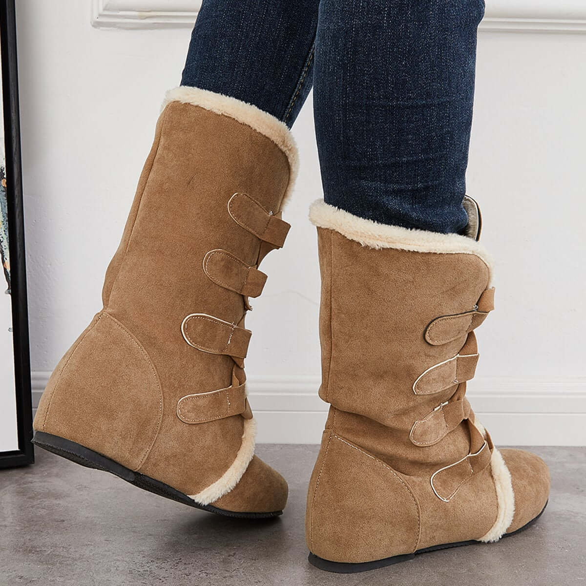 Warm Fur Mid Calf Snow Boots Wide Calf Hidden Wedge Boots
