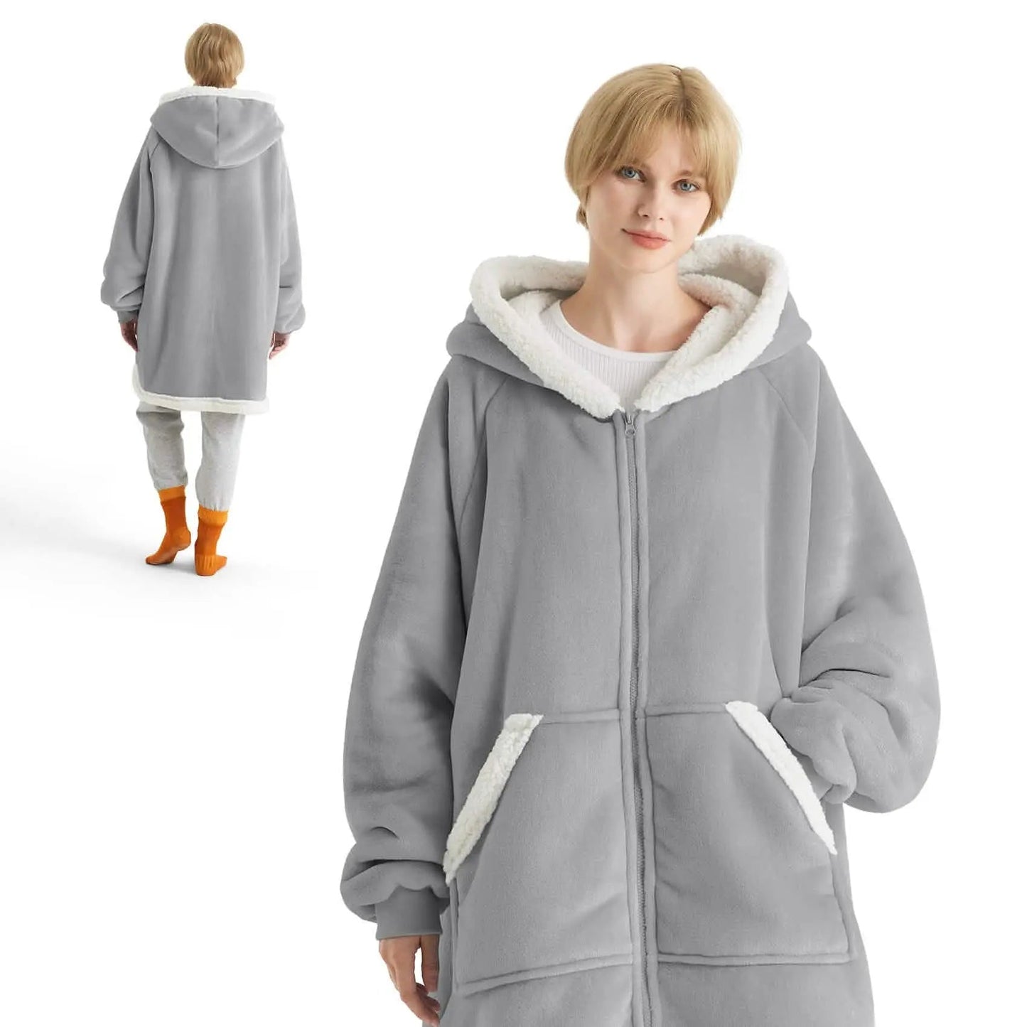 Plush Fleece Wearable Blanket Hoodie - Warm Zip Up