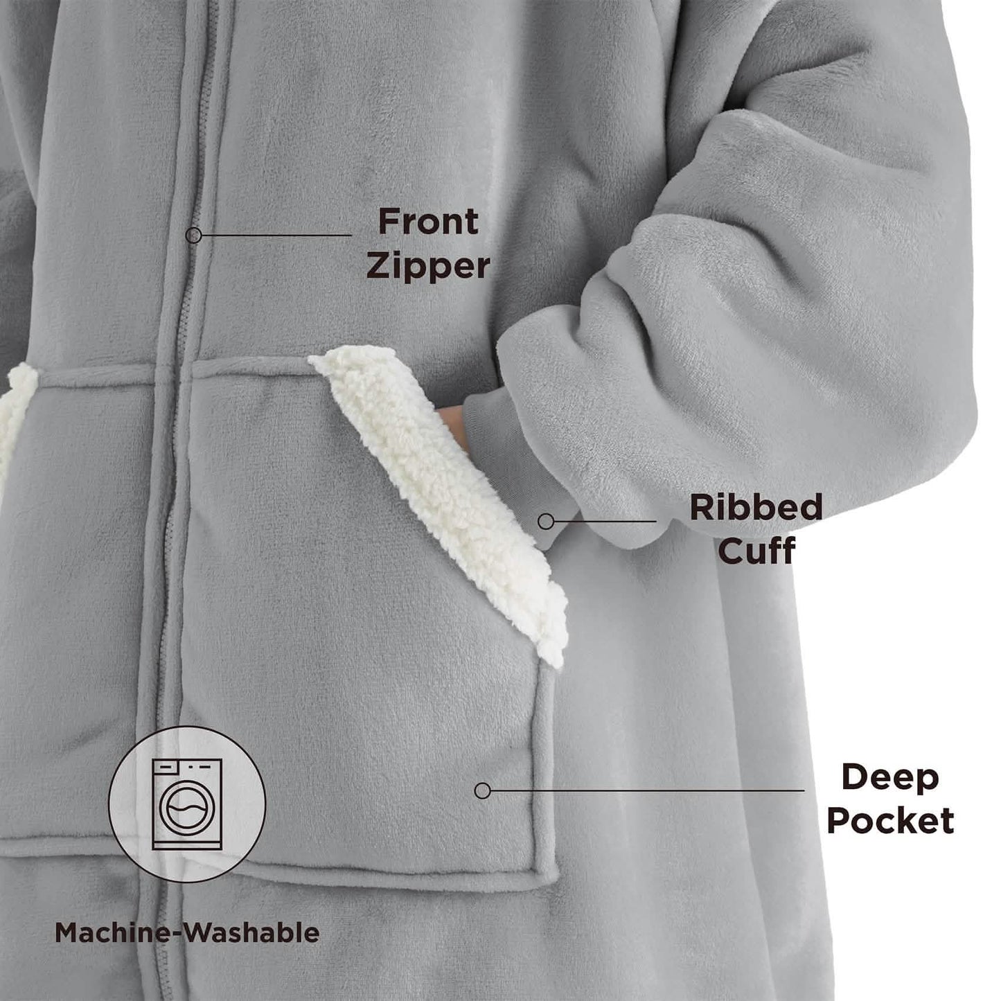 Plush Fleece Wearable Blanket Hoodie - Warm Zip Up
