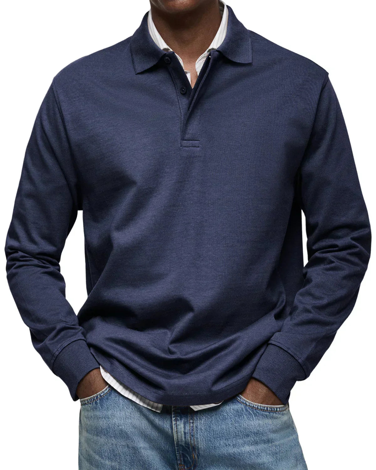 Men's Simple Long Sleeve Polo Top - Everyday Basic Tee