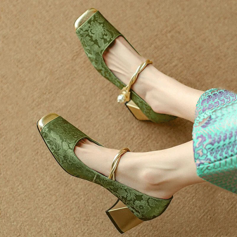 Floral Embossed Square Toe Heels