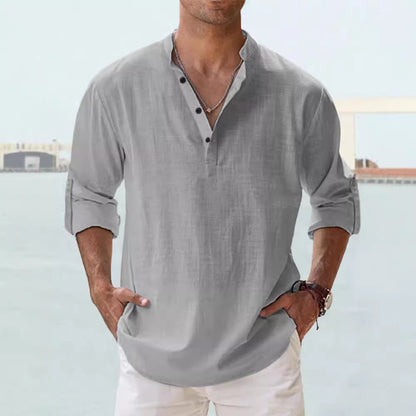 Men's Casual Cotton Long Sleeve T-Shirt with Stand-Up Collar