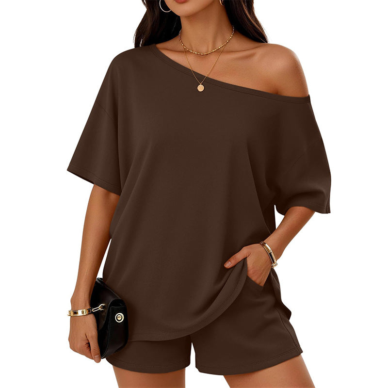 Women's Casual Cotton Slant-Neck Top and Shorts Loungewear Set