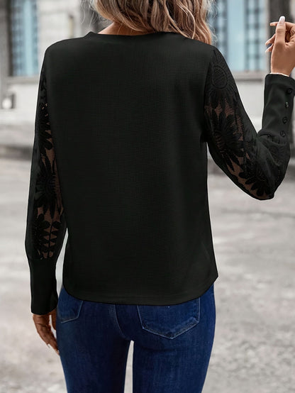 Women's Classic Floral Lace Top - Feminine Round Neck Tee