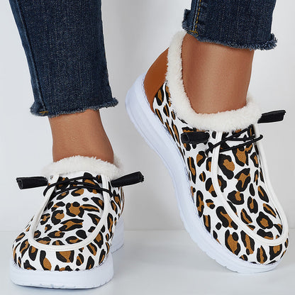 Leopard Winter Warm Flats Plush Faux Fur Lined Non Slip Boots