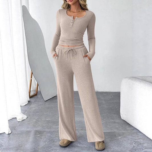 Women's Casual Two-Piece Cotton Top and Wide Leg Pants Set