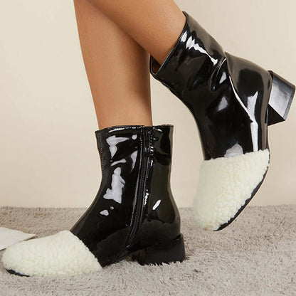 Winter Leather Waterproof Ankle Boots Block Heel Warm Snow Booties