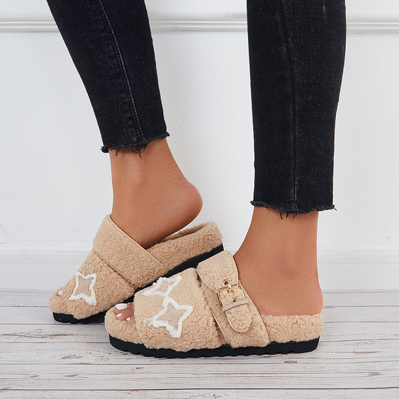 Open Toe Fluffy Slippers Faux Fur Lining Soft Footbed Shoes
