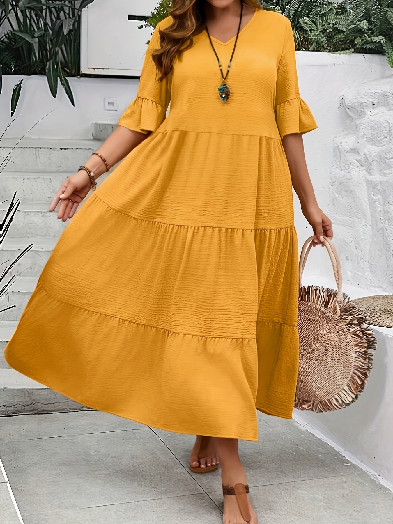 Comfortable Large V Neck Ladies Dress