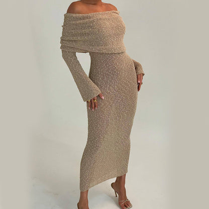 Women's Elegant Knitted Off-Shoulder Long Sleeve Dress