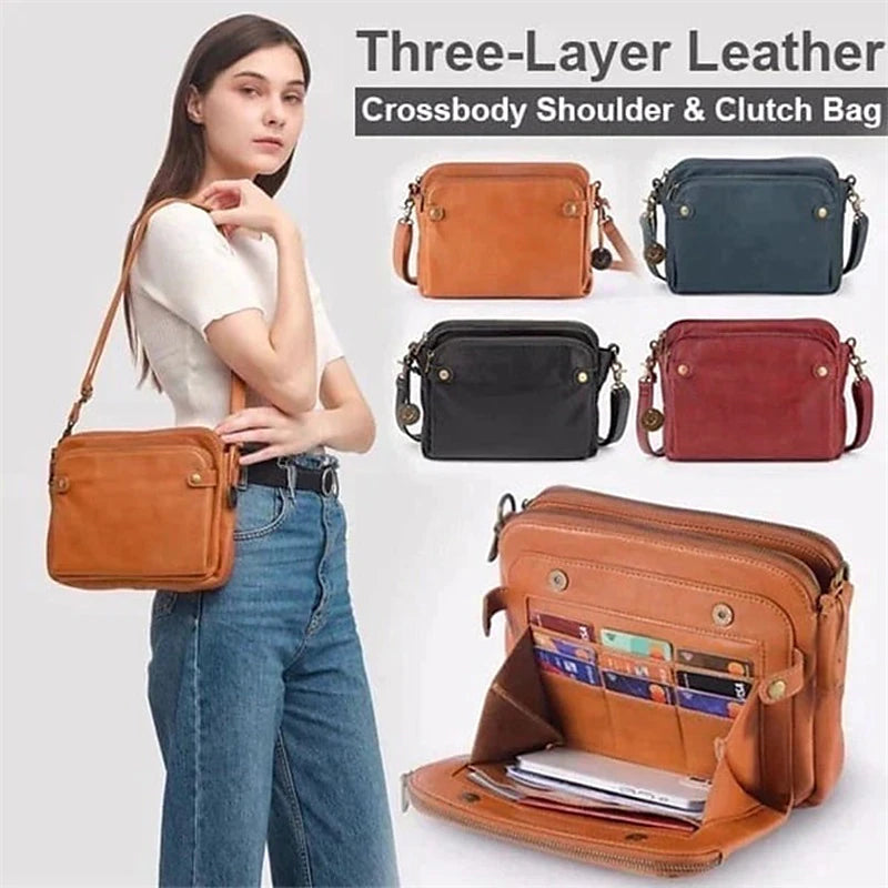 Three-Layer Crossbody Leather Shoulder Bag & Clutch