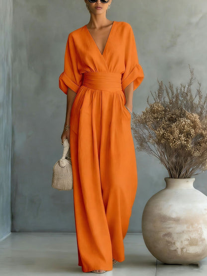 Women's Casual V-Neck Wide Leg Cotton Jumpsuit
