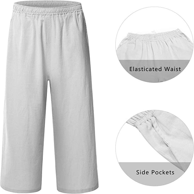 Women Loose Cotton Capris Cropped Wide Leg Pants