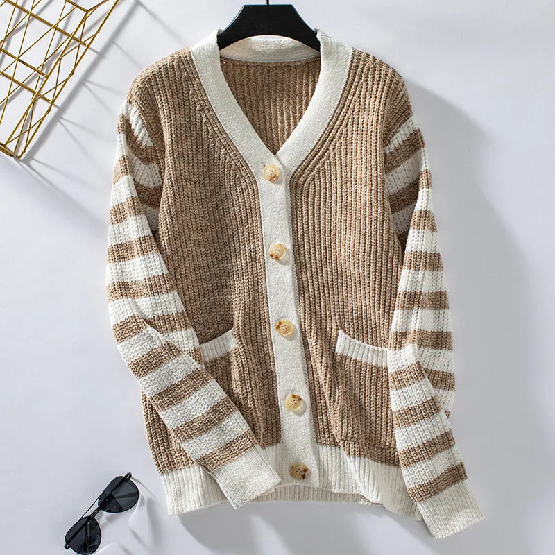 Cozy Ladies Open Neck Knitted Pocket Sweater