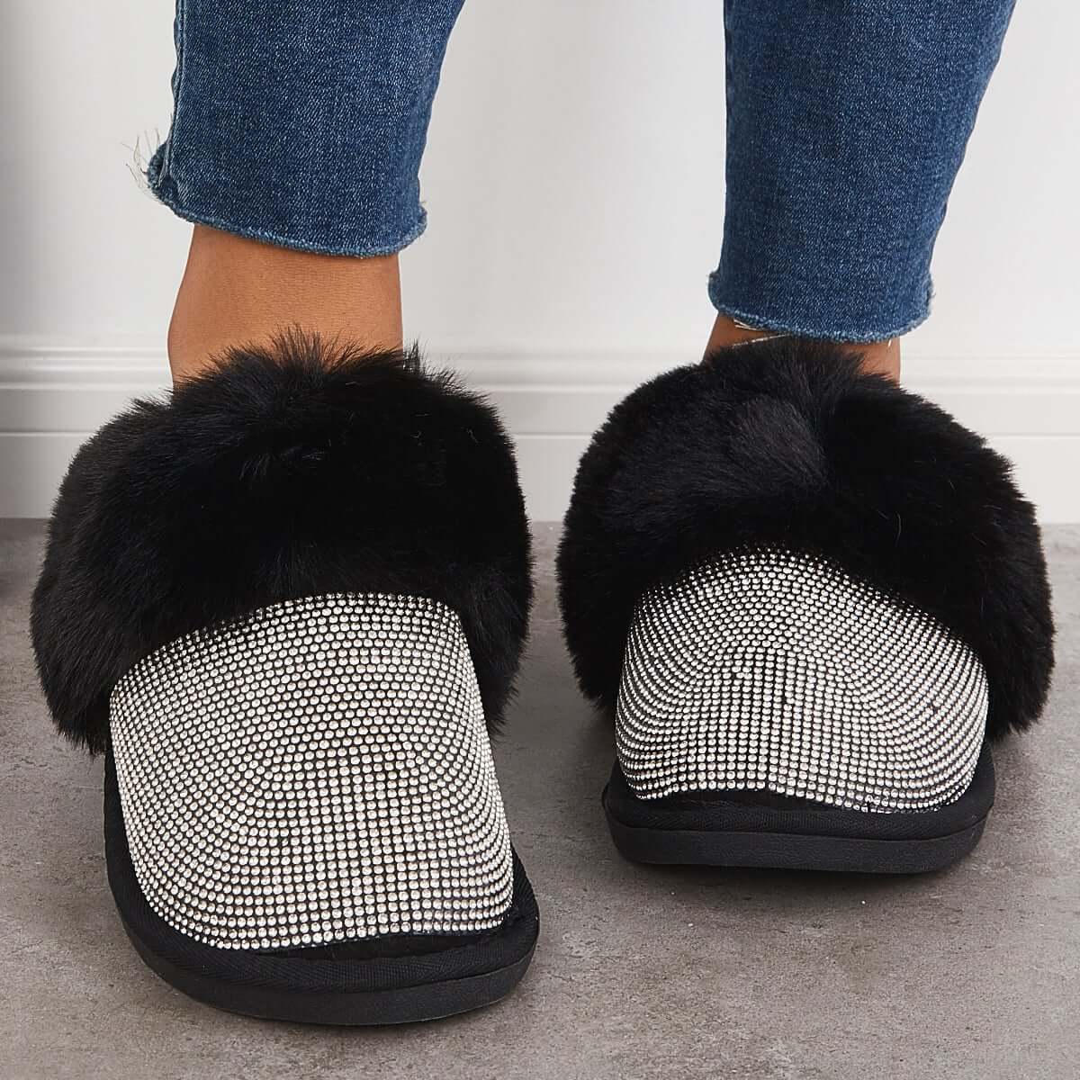 Black Warm Faux Fur Mule Slipper Furry Soft Slip on Shoes