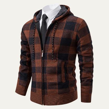 Relaxed Fit Plaid Knit Zip Up Hoodie Jacket