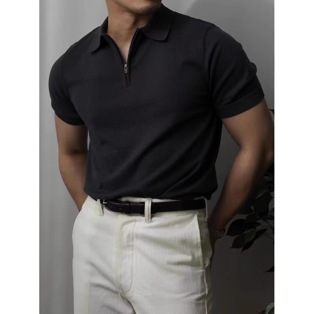 Men's Casual Slim-Fit Cotton Knit Shirt with Short Sleeves