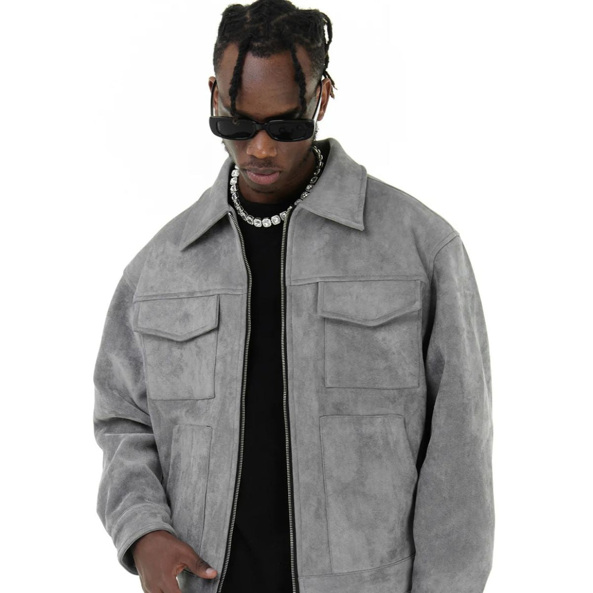 Men's Synthetic Suede Zipper Jacket with Pocket Details