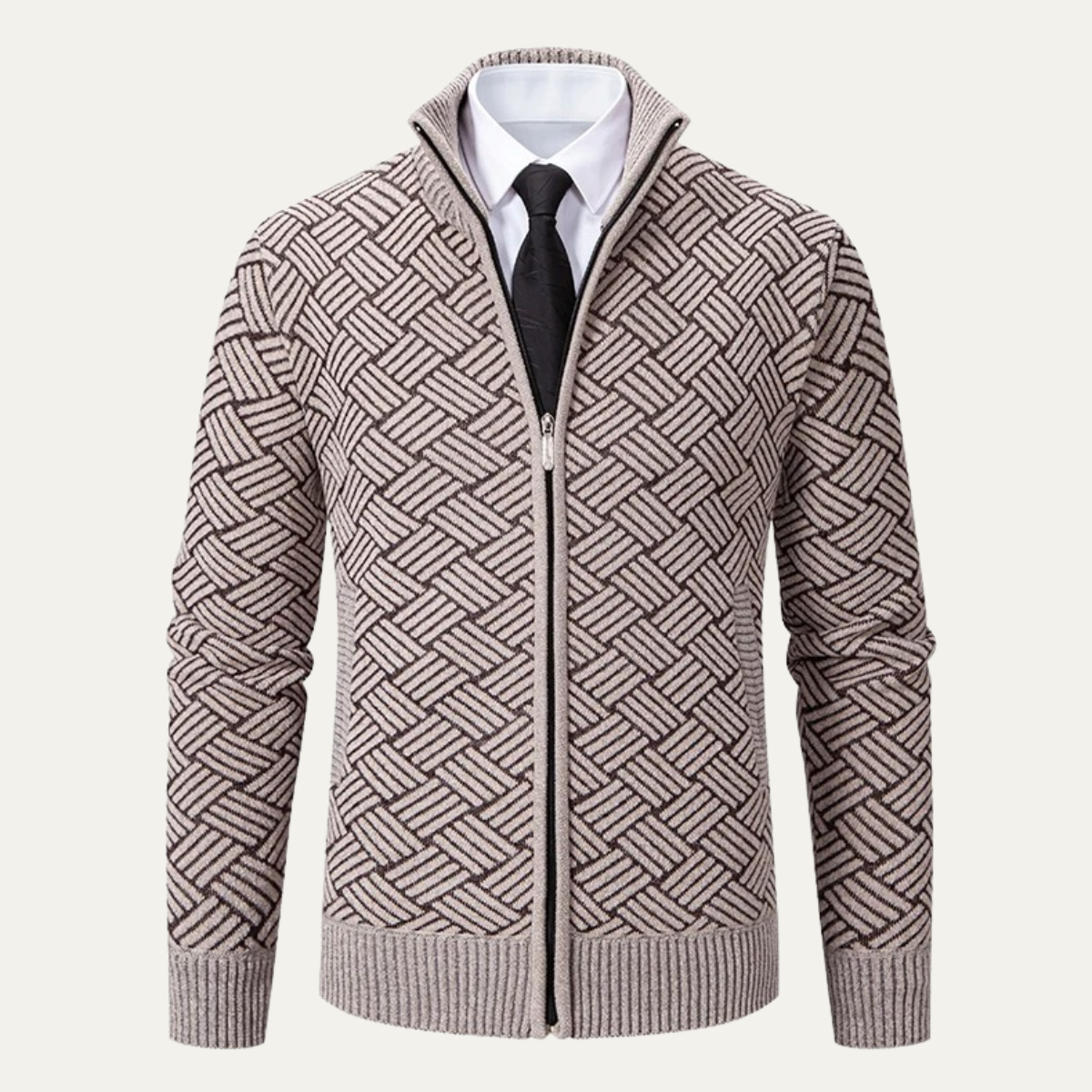 Men's Classic Knit Pattern Jacket with Stand Collar