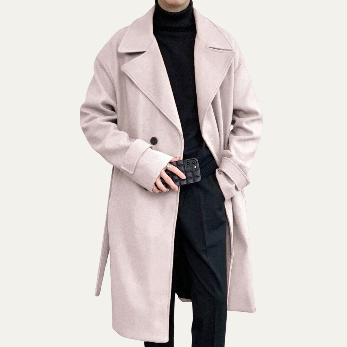 Classic Mens Wool Overcoat with Waist Belt