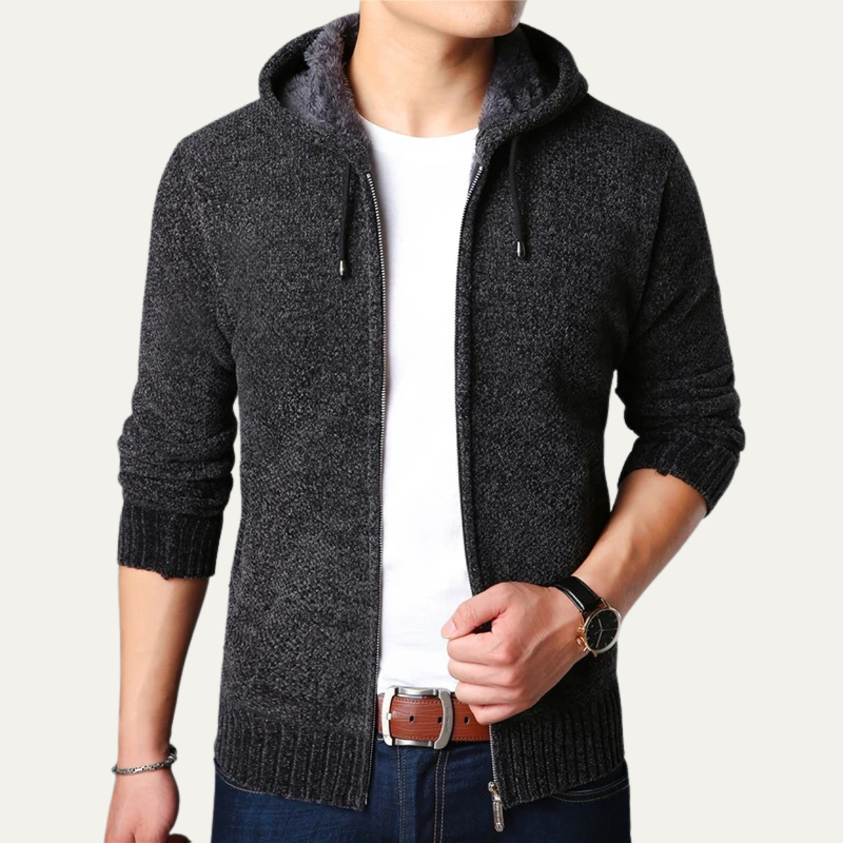 Relaxed Fit Men's Knit Zip Hoodie Jacket