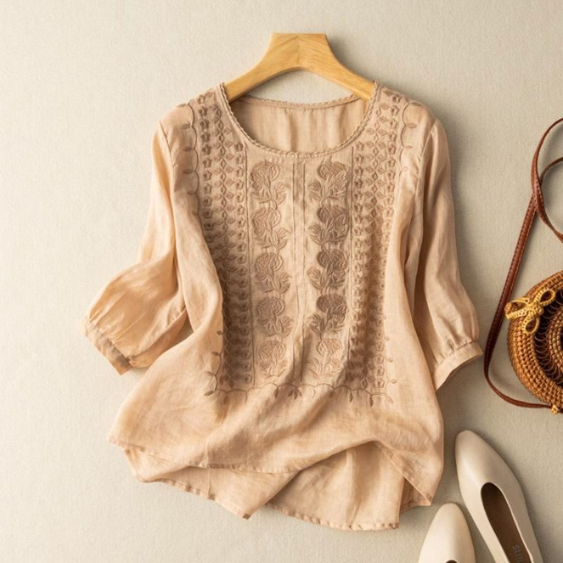Casual Loose Fit Embroidered Blouse with Puff Sleeves