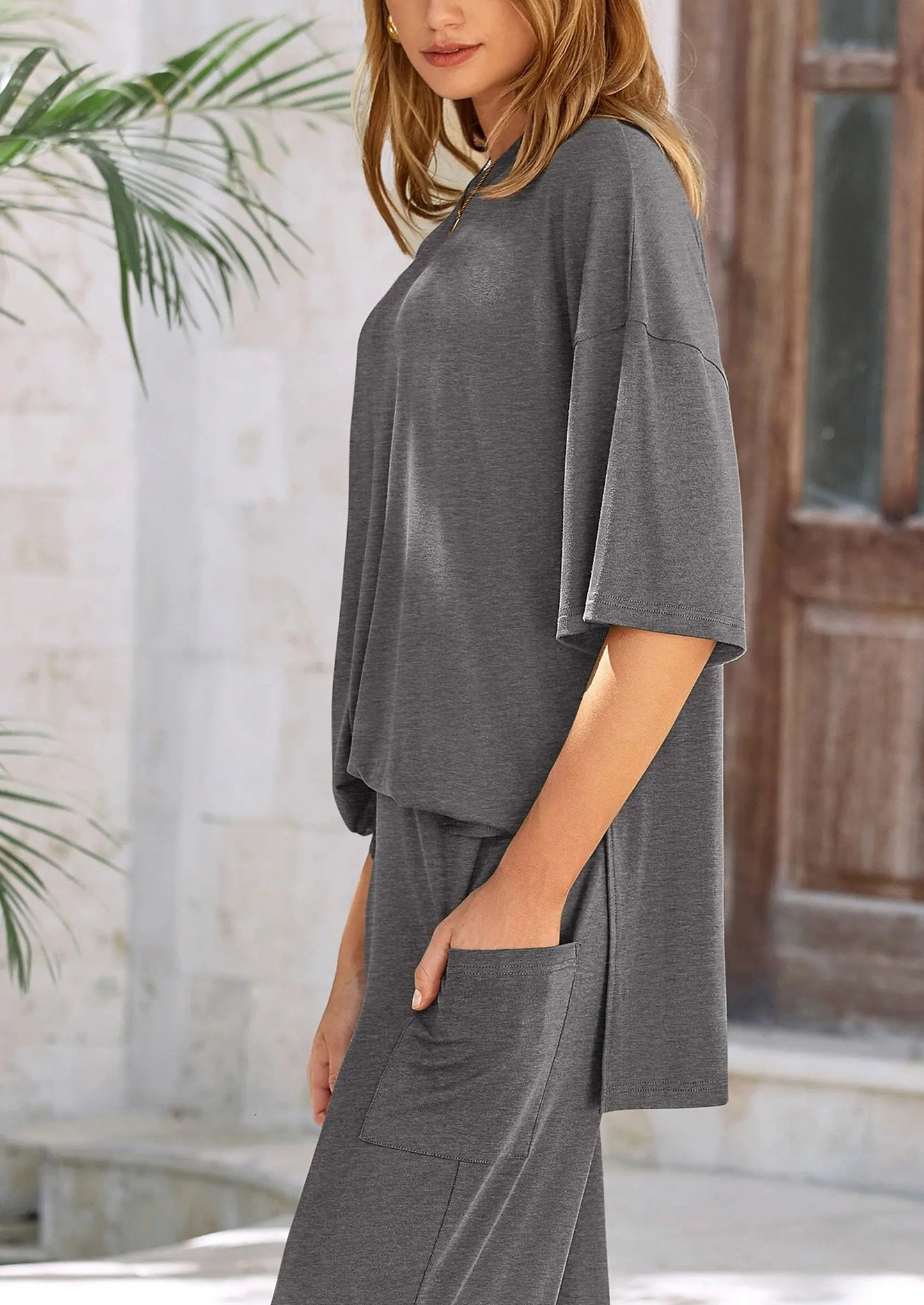Relaxed Fit Short Sleeve Blouse and Wide Leg Pants Set