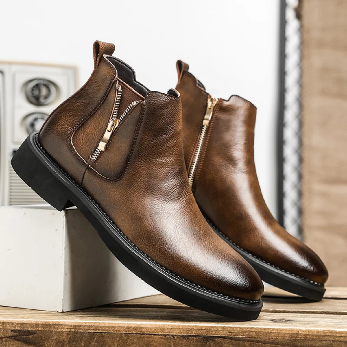 Classic Brown Leather Men's Ankle Boots Side Zip