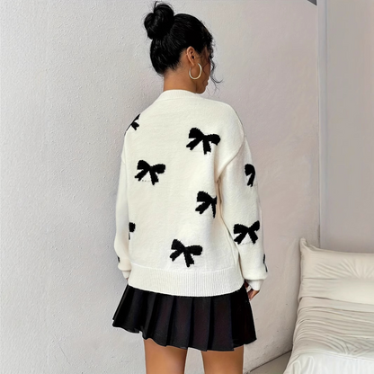 Cozy Bow Pattern Crew Neck Sweater