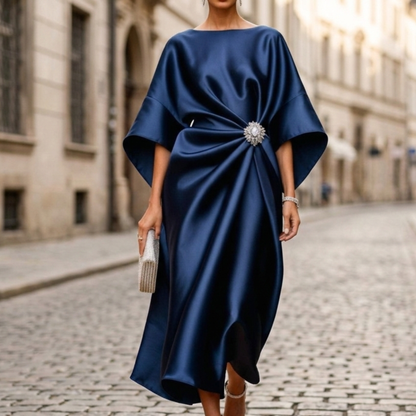 Luxury Satin Midi Dress with Cape Sleeves
