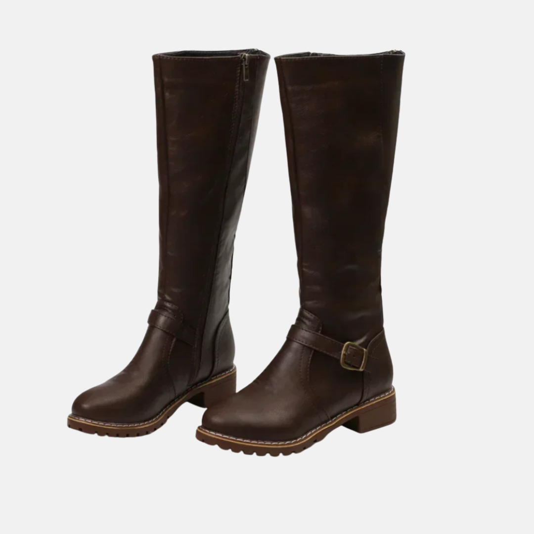 Brown Knee High Buckle Boots | Low Heel Ankle Boots